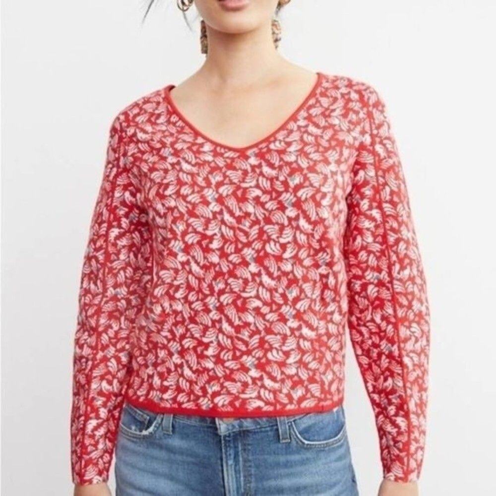 Anthropologie Maeve Lupita‎ Sweater Red Motif Patterned Holiday Christmas